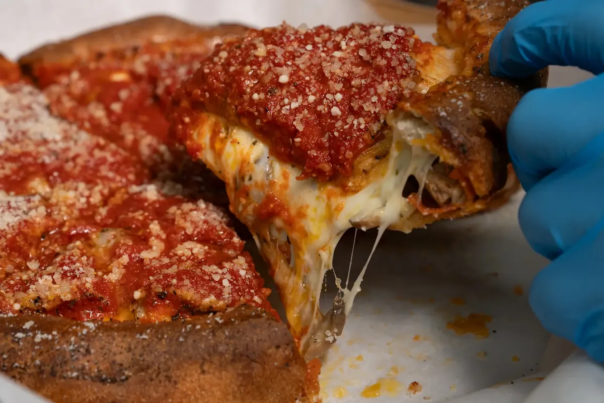 Chicago style deep dish, sliced
