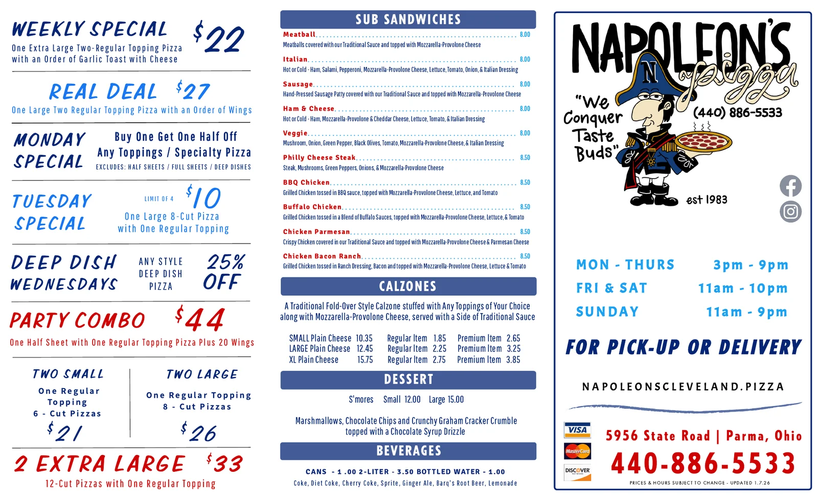 Napoleon's Pizza printed menu, page 1: specials, sub sandwiches, calzones, dessert, beverages, hours