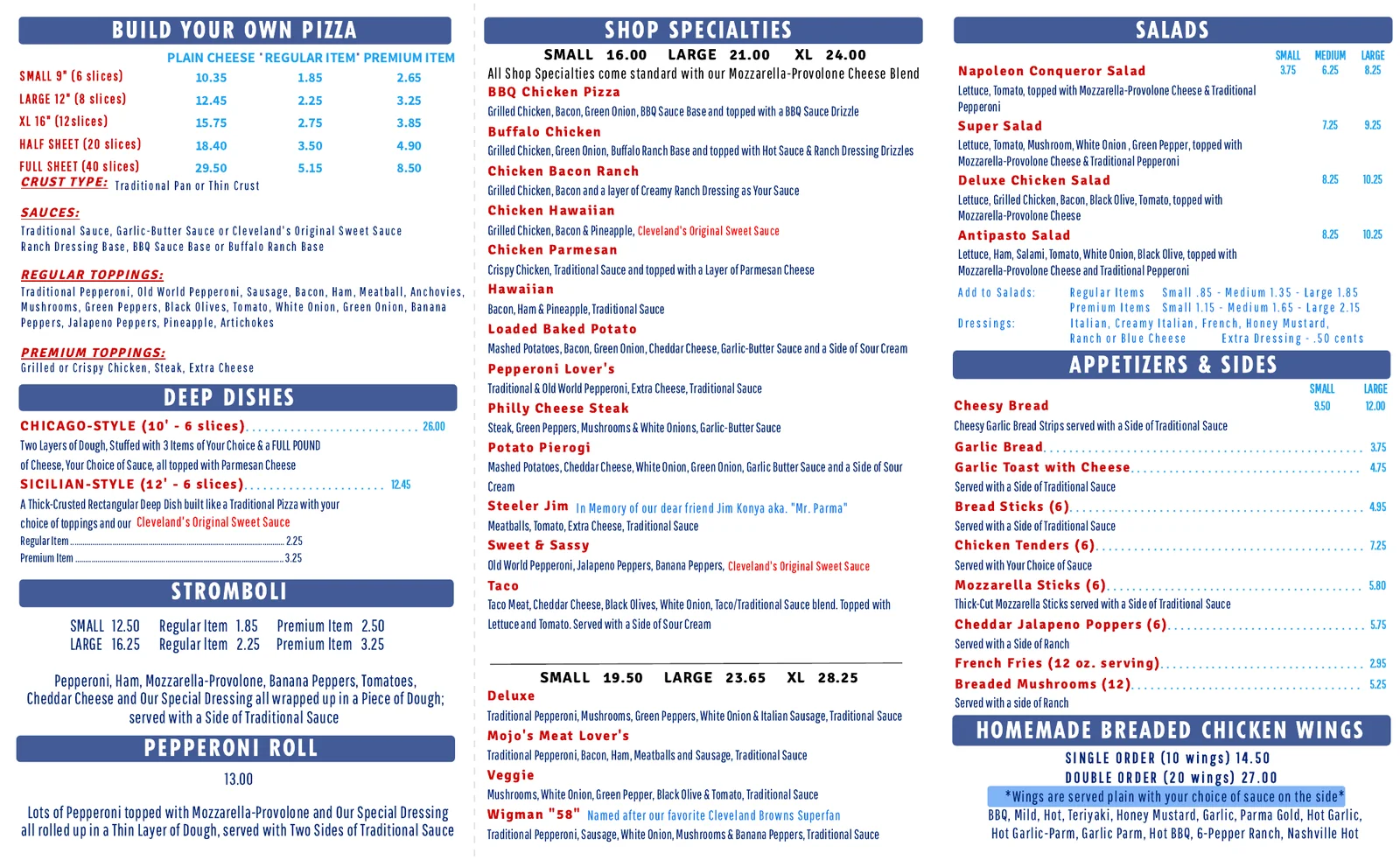 Napoleon's Pizza printed menu, page 2: build your own pizza, deep dishes, stromboli, pepperoni roll, shop specialties, salads, appetizers, wings